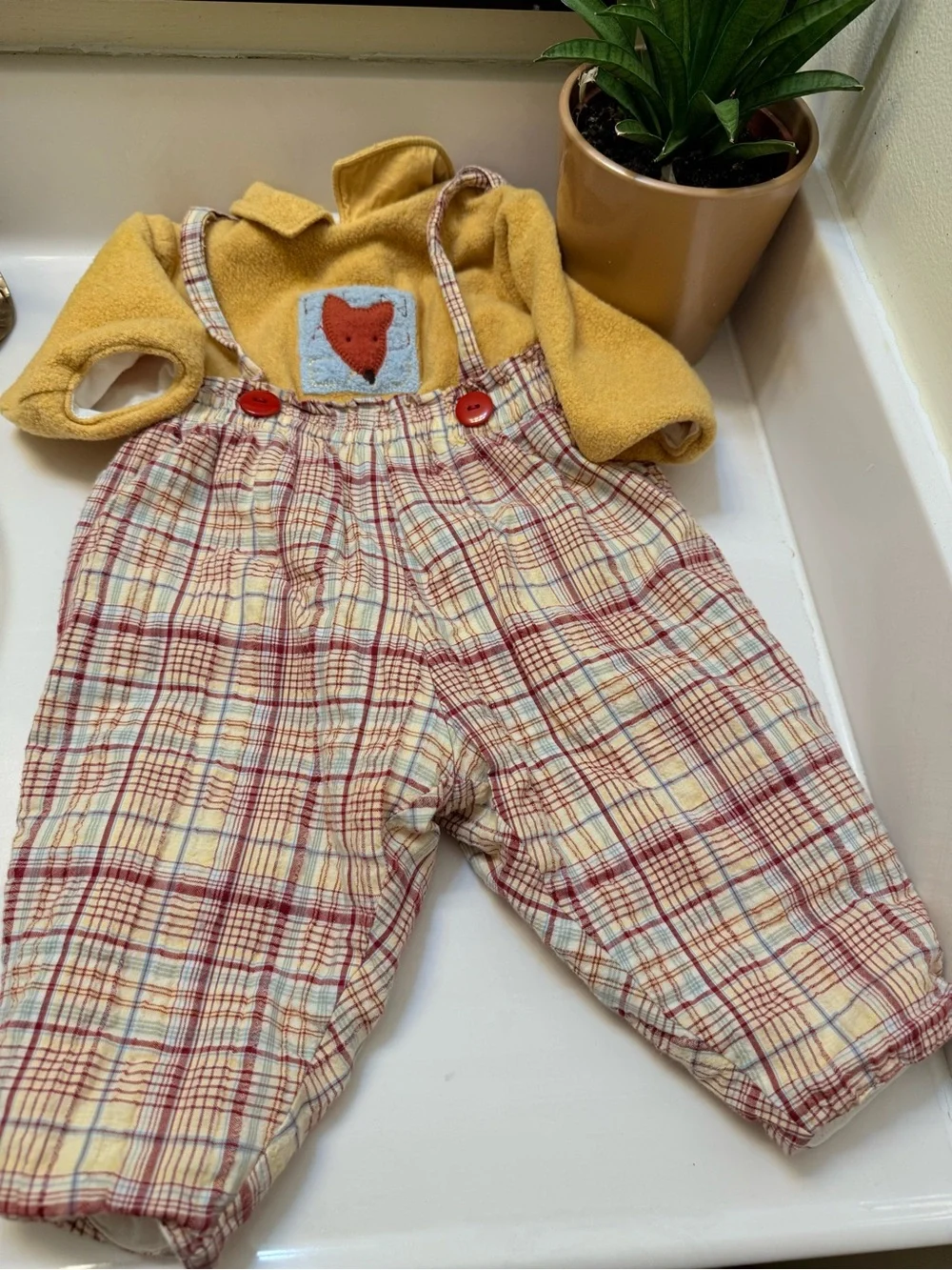 VTG 90s Babymini par Catimini Fleece Top Plaid Overalls Set 6M 67cm Fox French